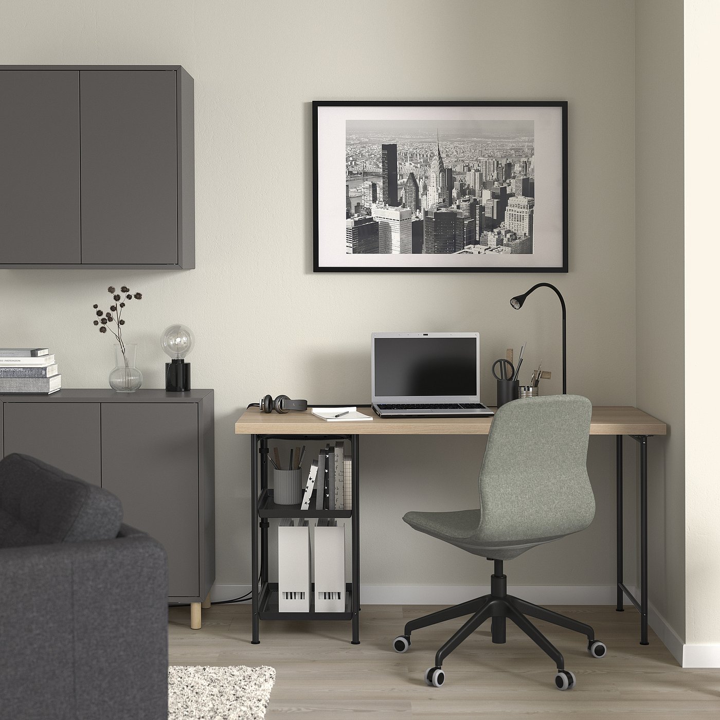 Oakvon Desk, white stained oak effect/black, 140x60 cm - Image 2